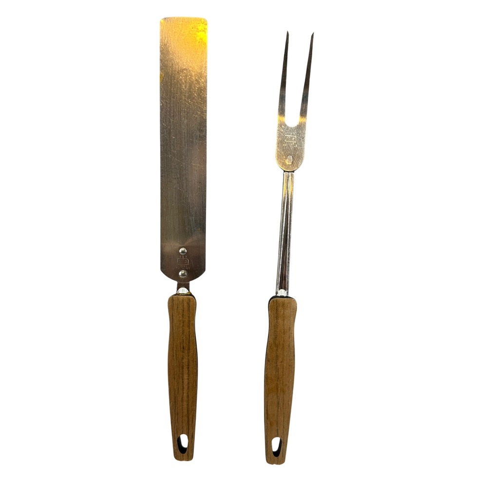 Vintage Ekco Stainless Steel Cake Spatula & Meat Fork Set Faux Wood Handles USA‎